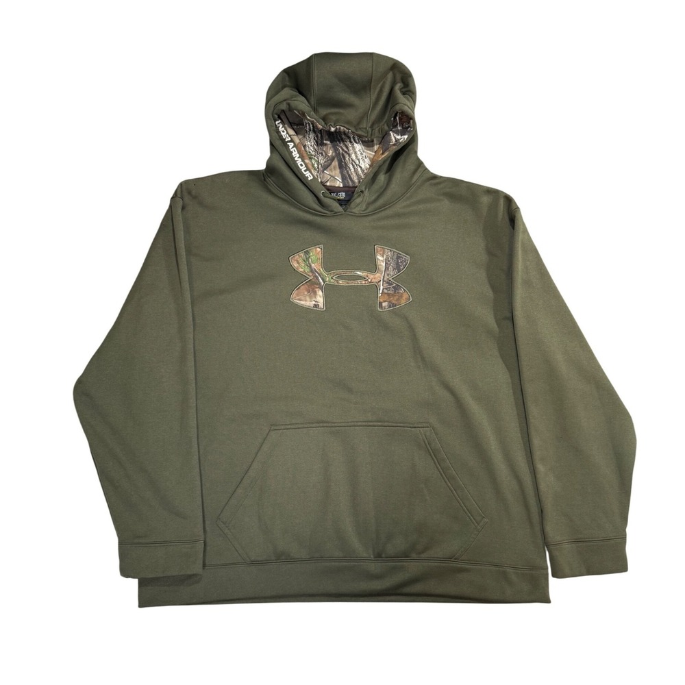 Under Armour Mens 3XL Olive Green Camo Fleece Pullover Hoodie Sweatshirt Storm